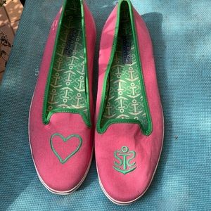 Pink and green Sperry Topsider loafers
